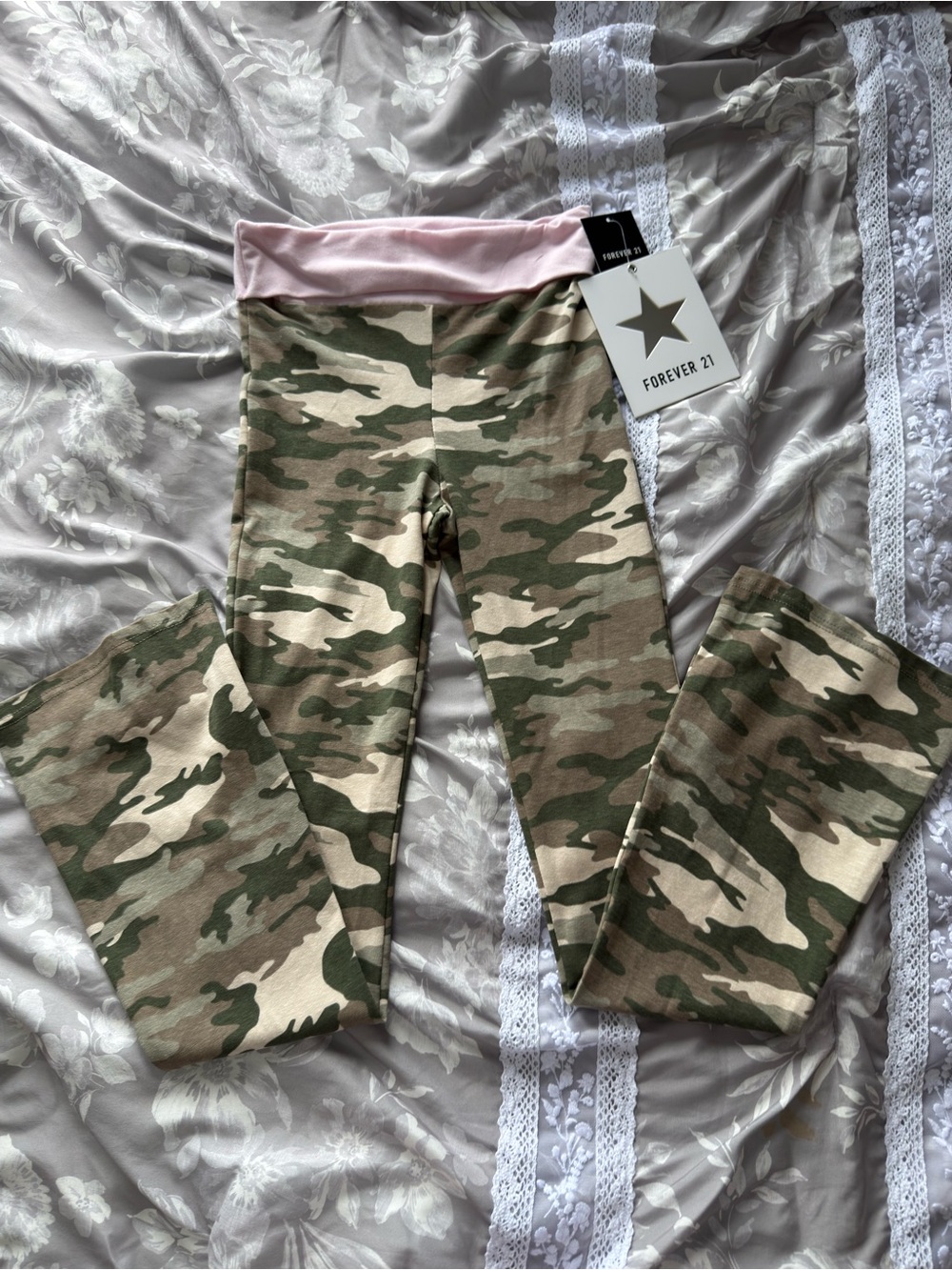 Forever 21 Girls Camo Leggings with Pink Fold-Over Waistband